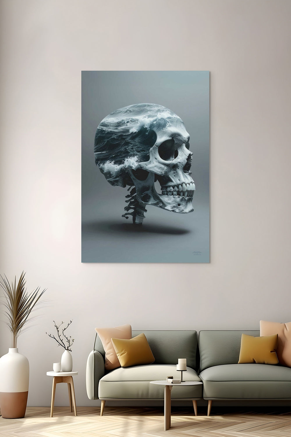 Skullbloom Dark kunstwerk met schedel in zee aan de muur in woonruimte