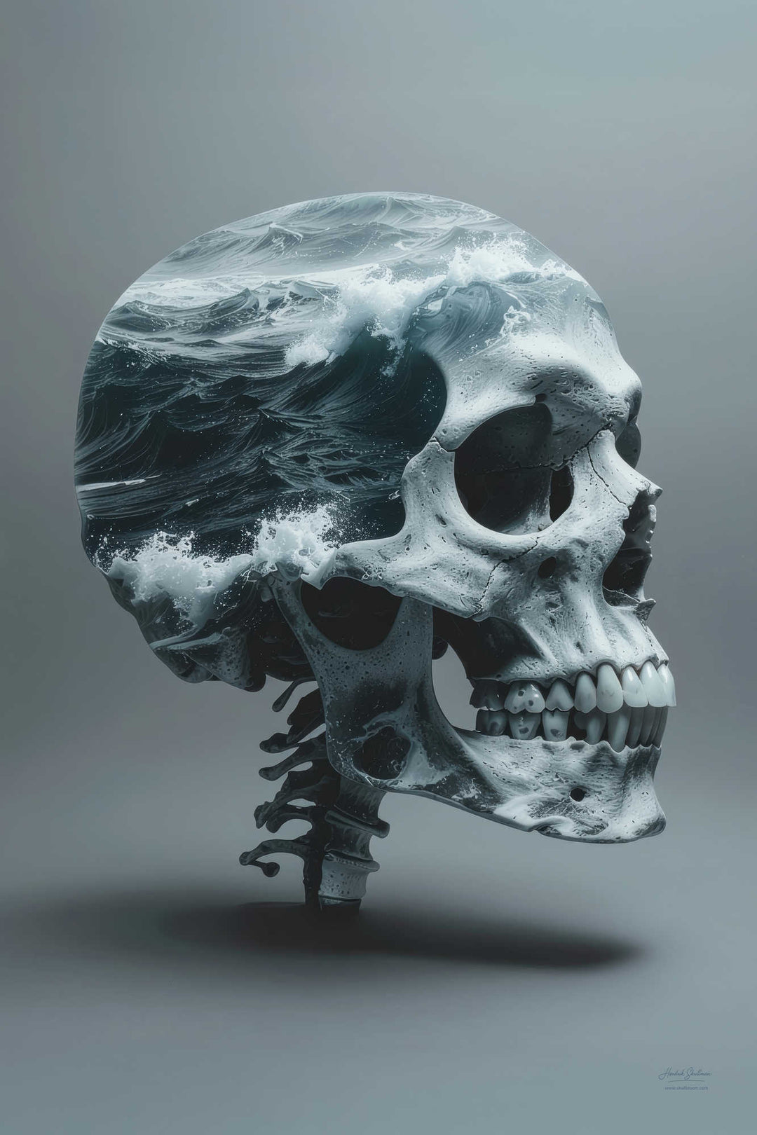 Donker stilleven met in studio omgeving schedel met bewegende zee – Skullbloom Dark Zee in Beweging