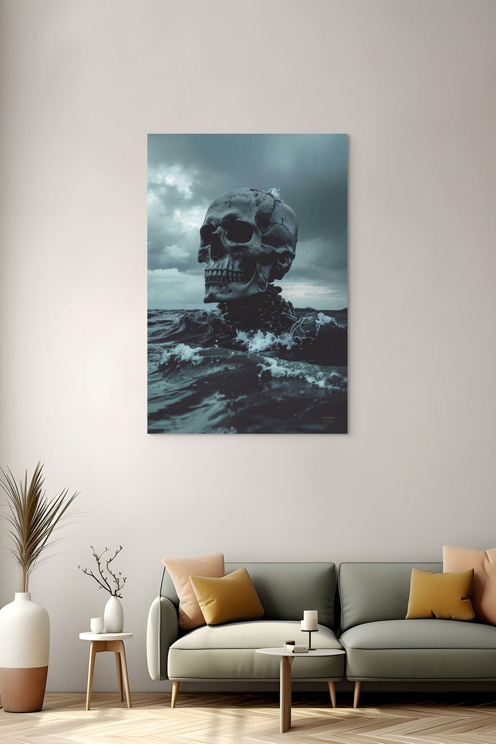 Skullbloom Dark schedel in zee als wandkunst in interieur
