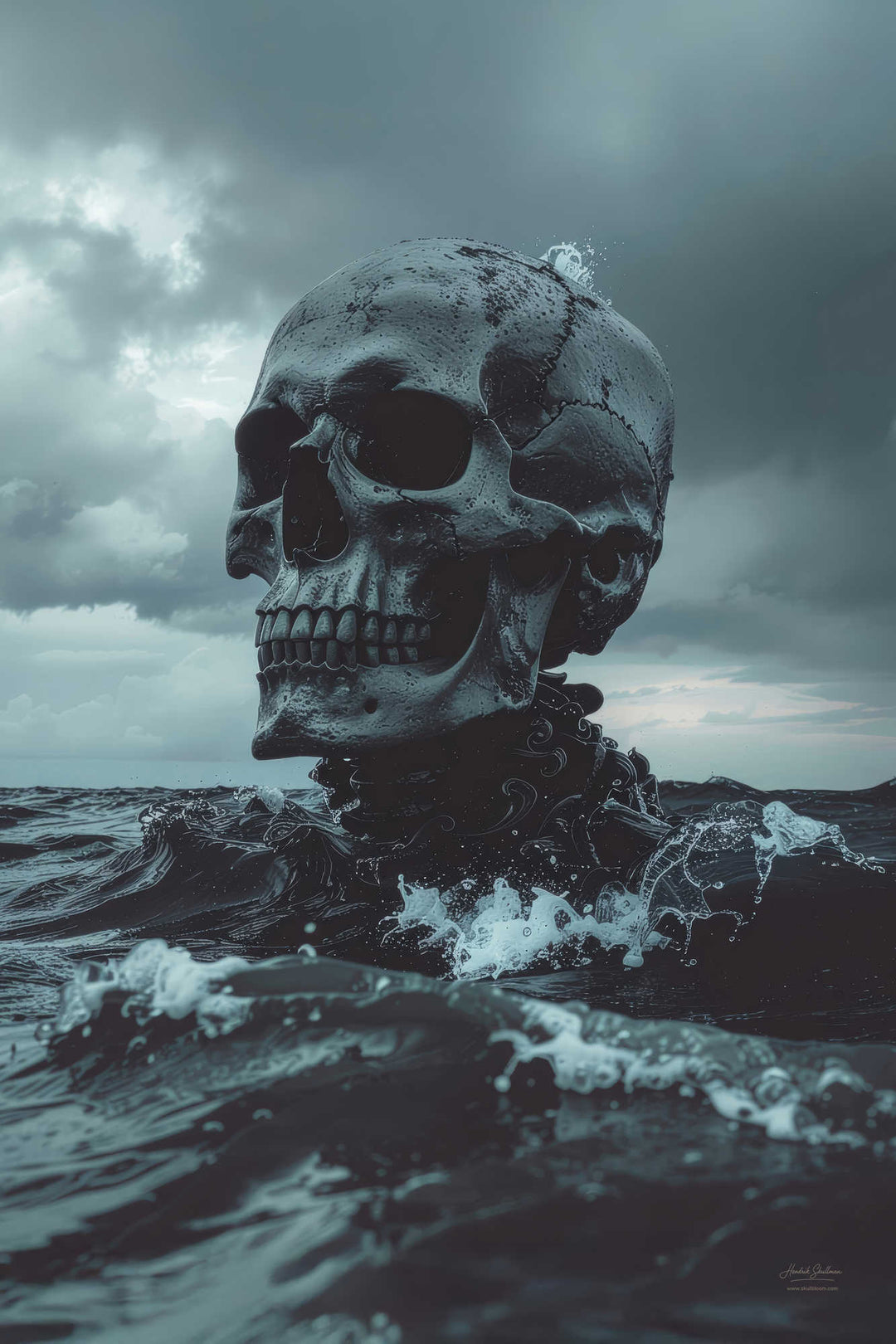 Stenen schedel in zee tussen twee golven – Skullbloom Dark Tussen Twee Golven