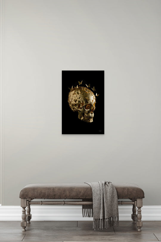 Gold Skullbloom kunstwerk met bladgoud schedel als eyecatcher in interieur