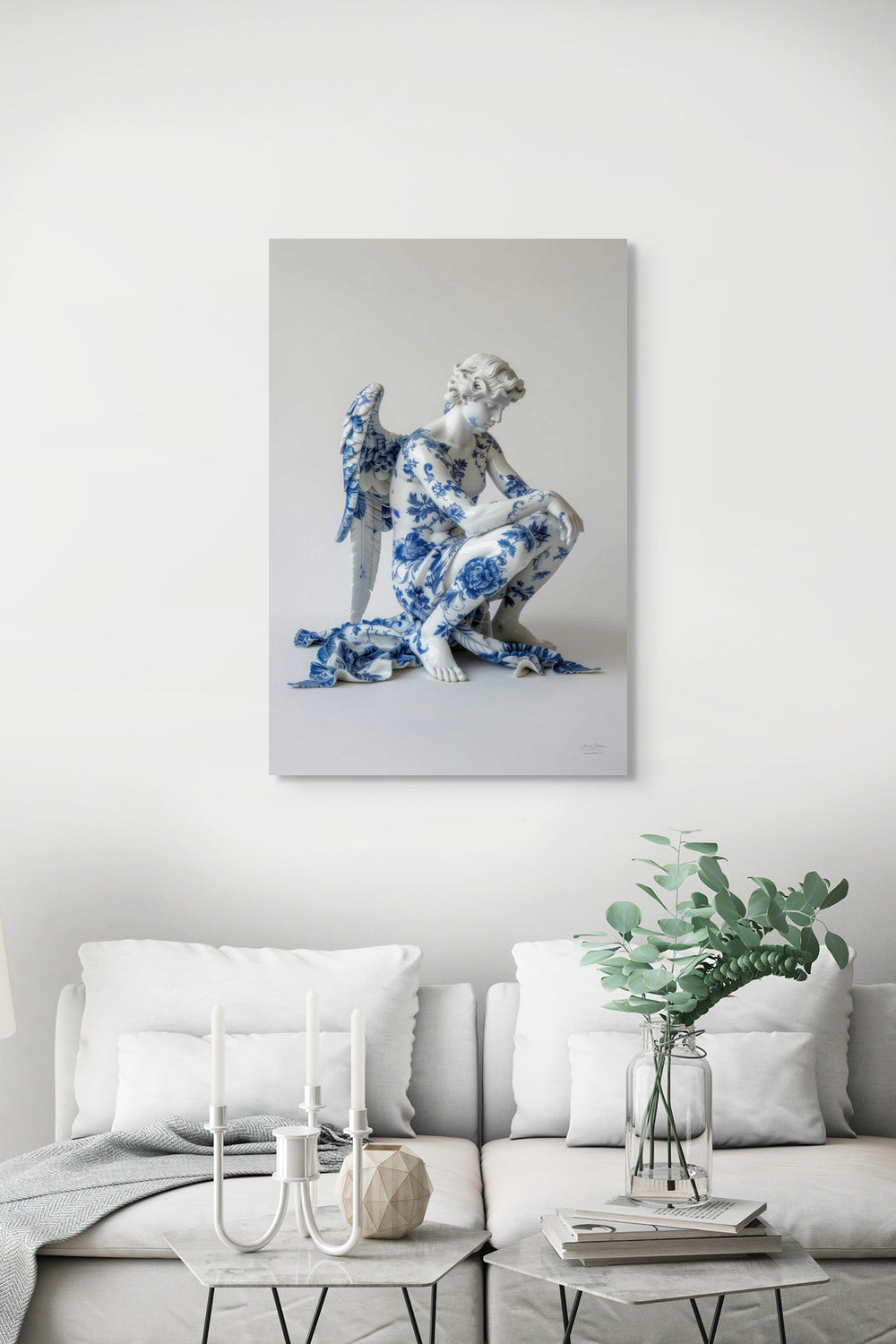 Fotografisch Skullbloom kunstwerk van Nike als eyecatcher aan de muur in interieur