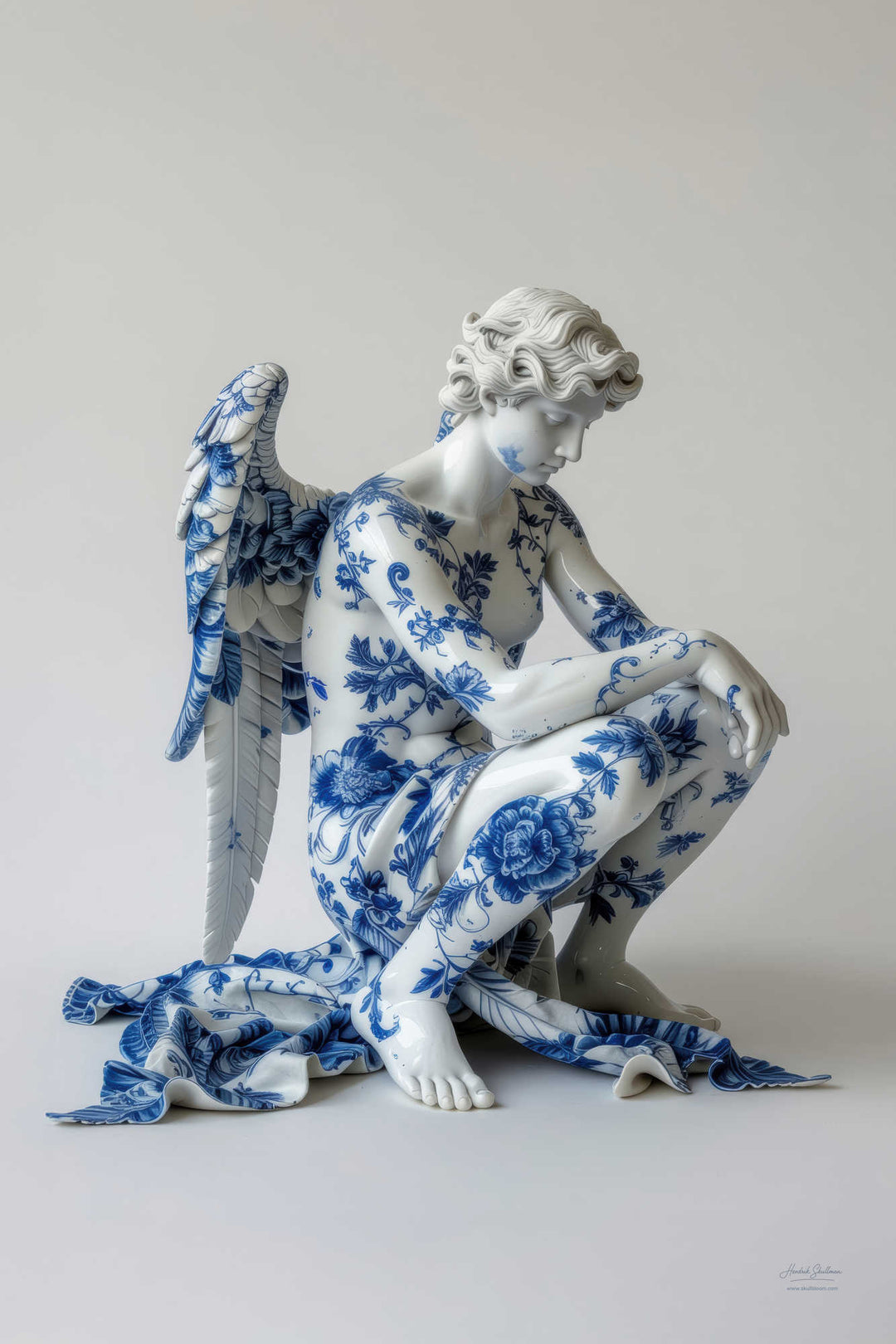 Foto van porseleinen Nike beeld met bloemen en goudaccenten – SkullBloom