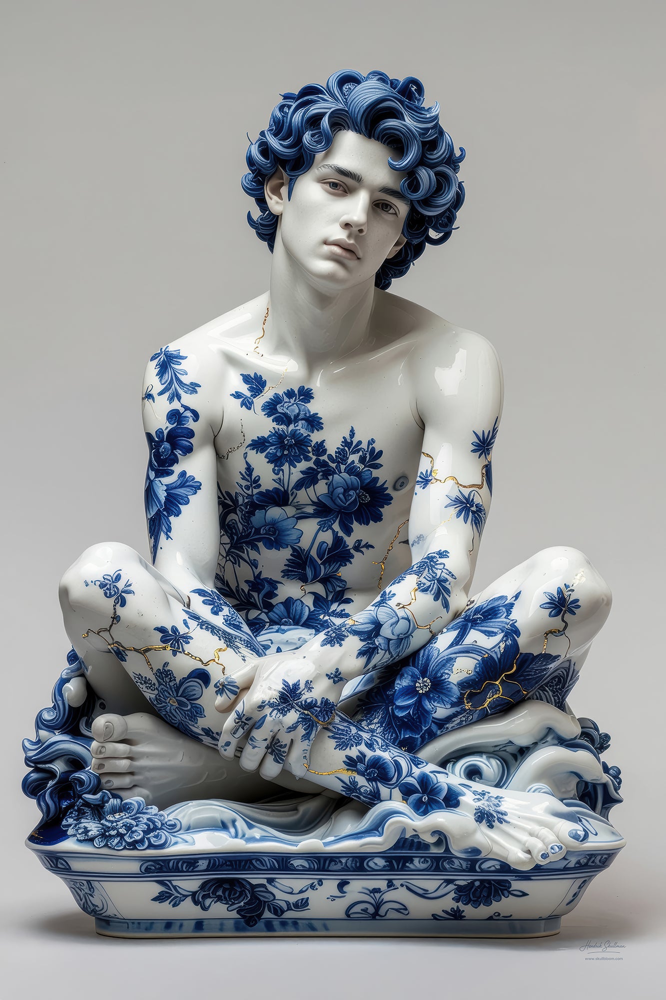 Fotografisch kunstwerk van porseleinen Zeus met bloemen en goud – Skullbloom