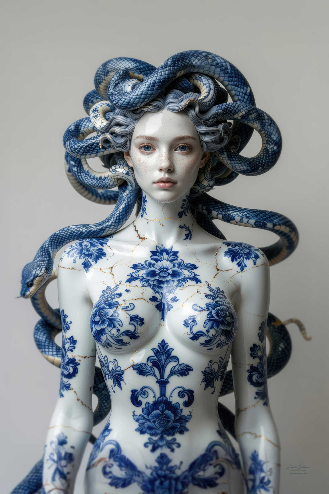 Foto van porseleinen Medusa beeld met slangen decoratie met bloemmotieven en gouden scheuren – Skullbloom