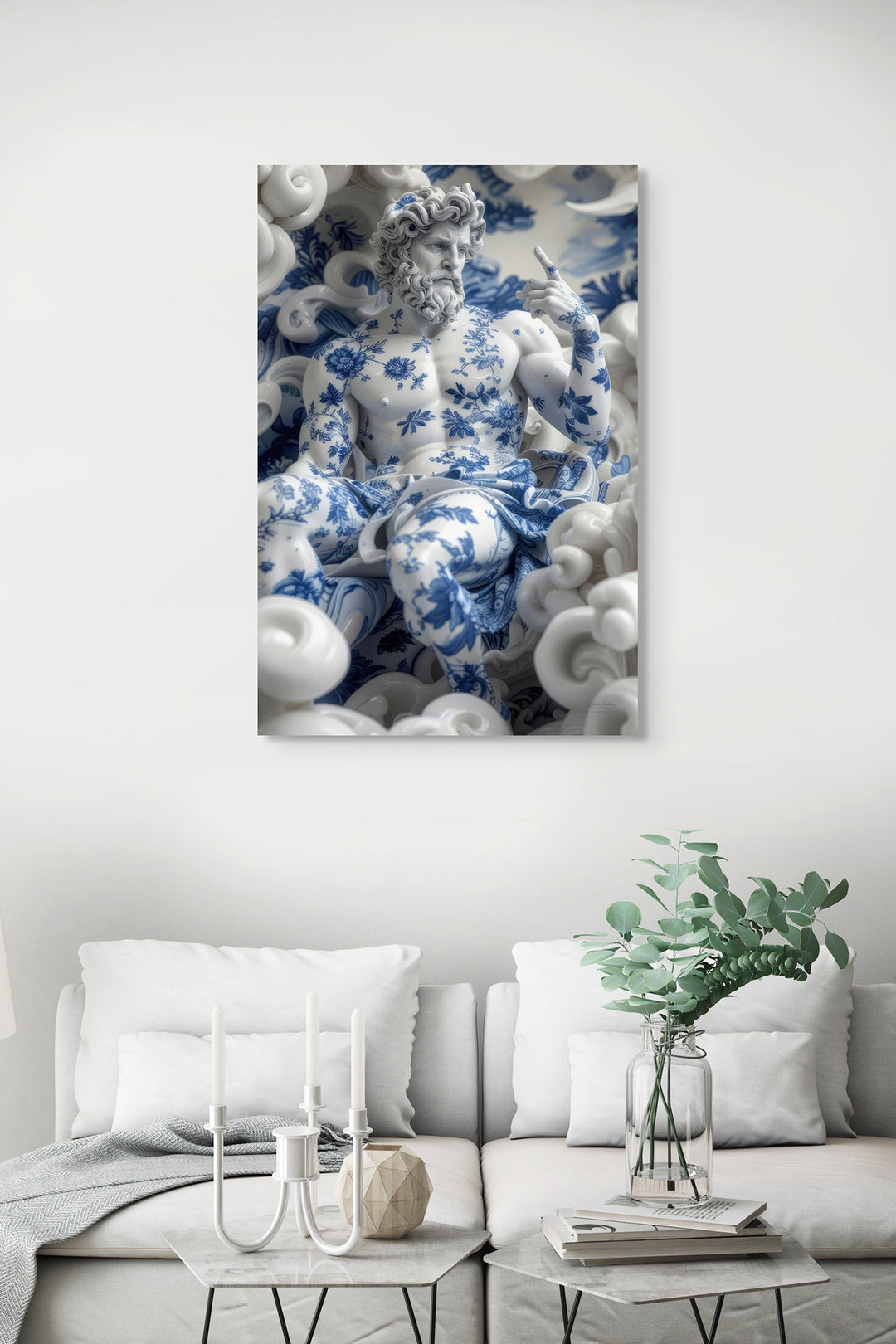 Skullbloom fotografisch kunstwerk van Poseidon als statement aan de muur in interieur