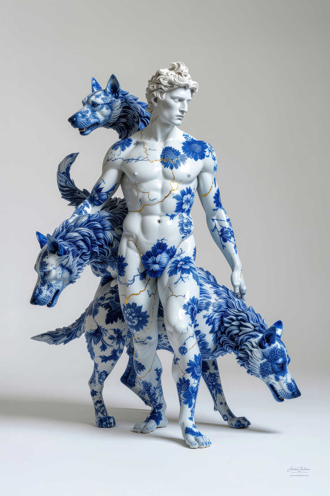 Fotografisch kunstwerk van porseleinen Hades met zijn honden gedecoreerd met bloemen en goud – Skullbloom