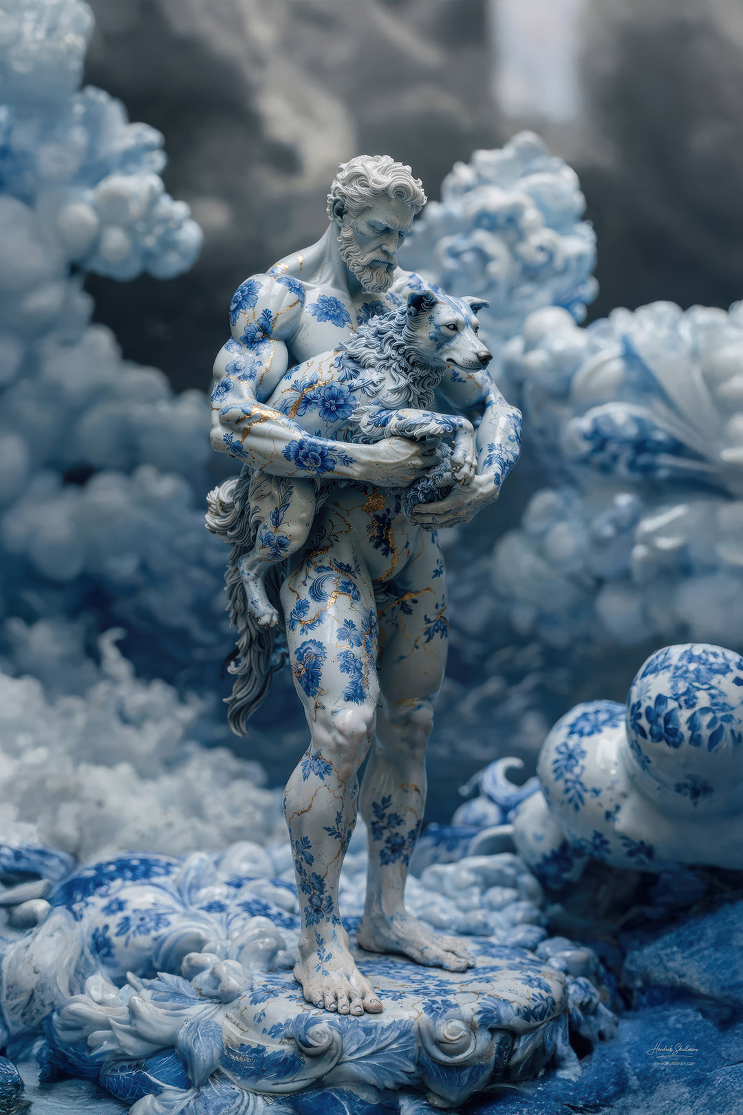 Foto van porseleinen Hades beeld met bloemen en goudaccenten tegen donkere achtergrond – Skullbloom