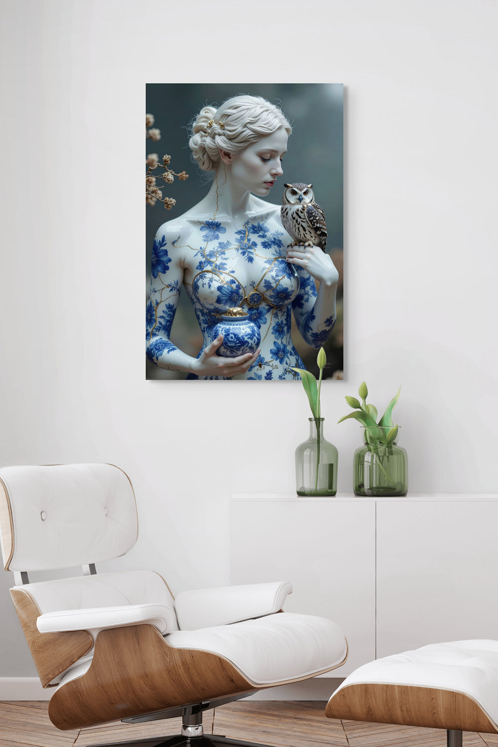 Athena Skullbloom kunstwerk als wanddecoratie in woonruimte