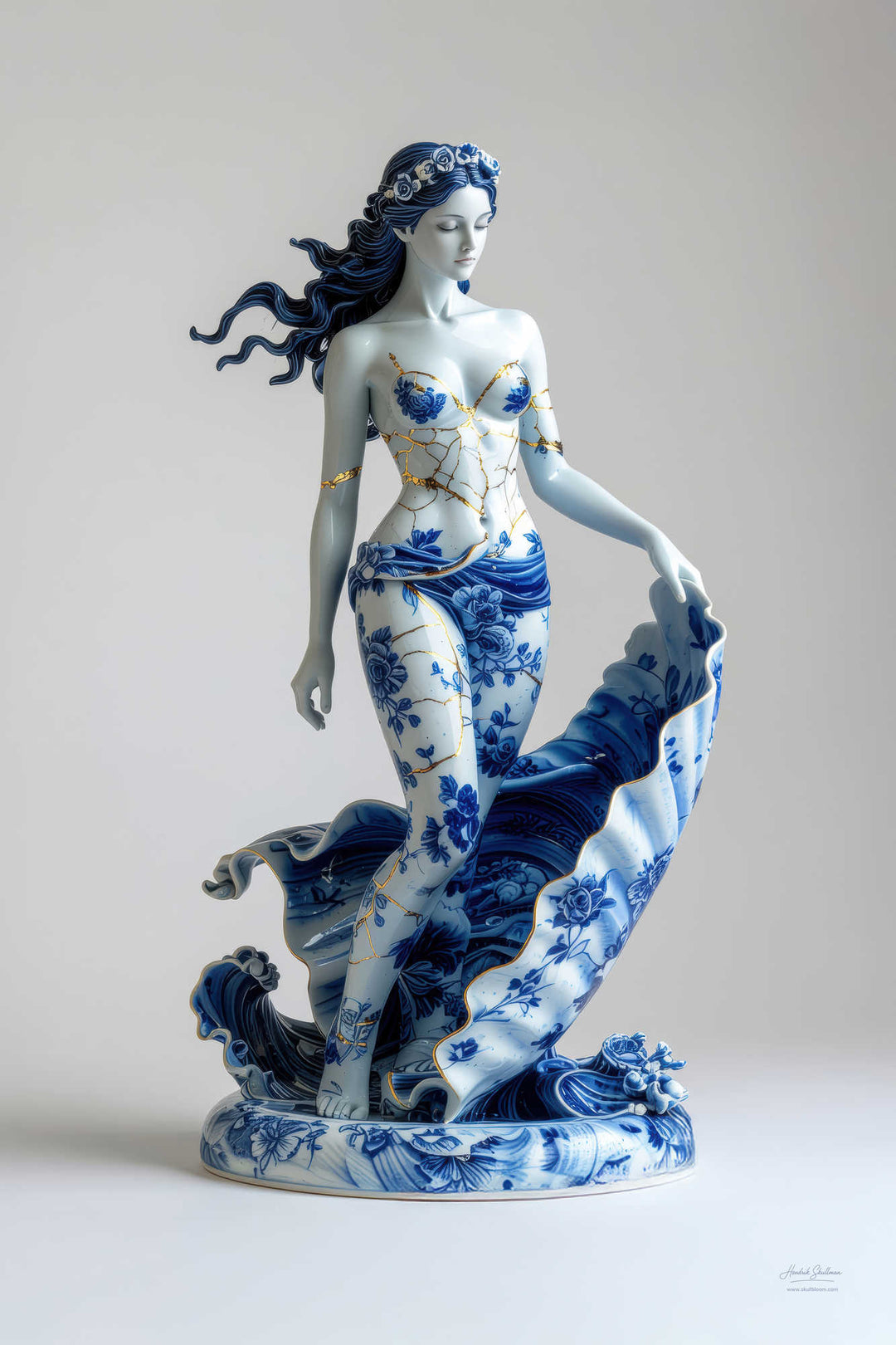 Foto door Hendrik Skullman van porseleinen Aphrodite beeld met bloemmotieven en gouden scheuren – SkullBloom