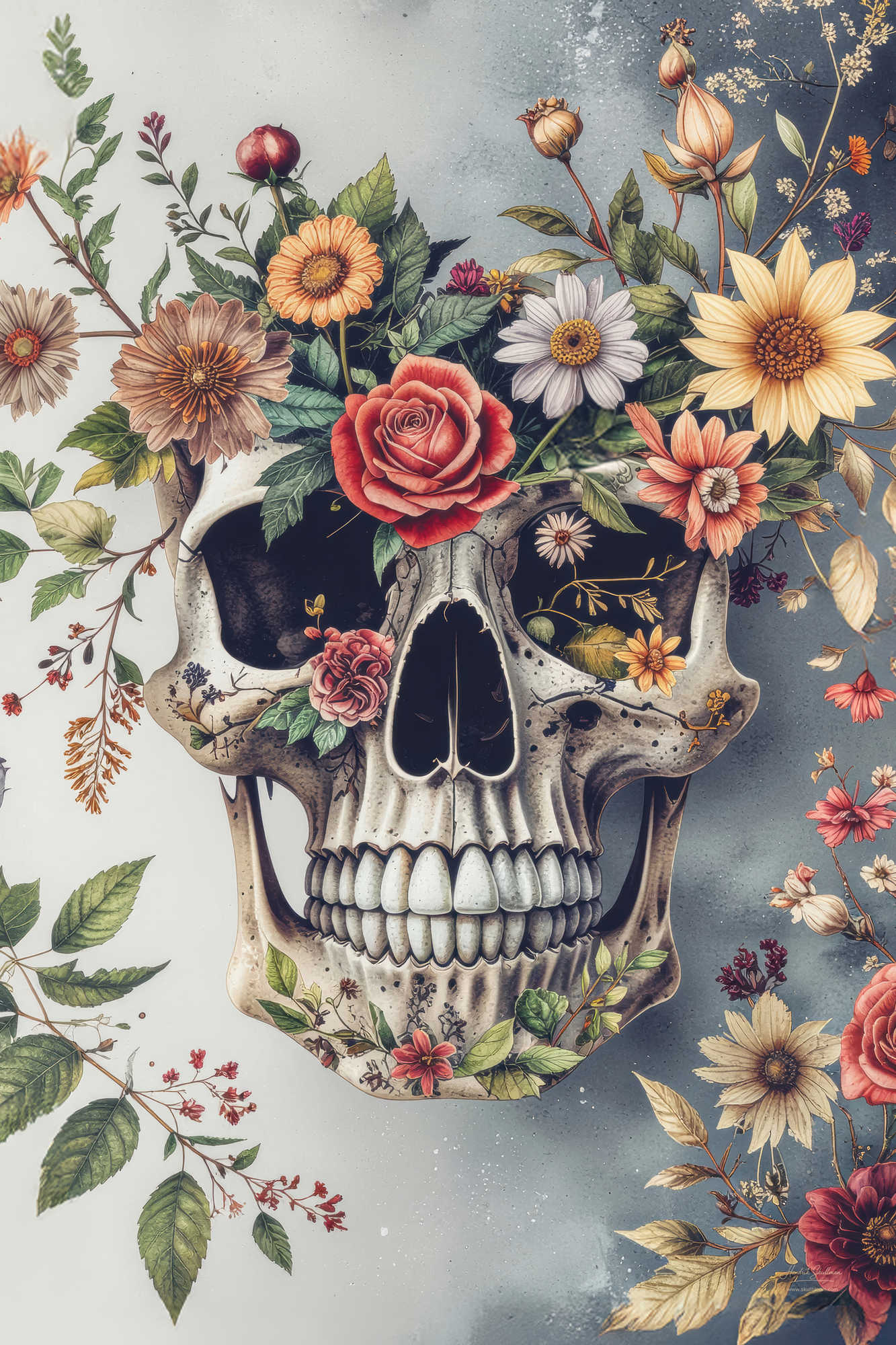 Floral kunstwerk met schedel en bloemcompositie – Skullbloom