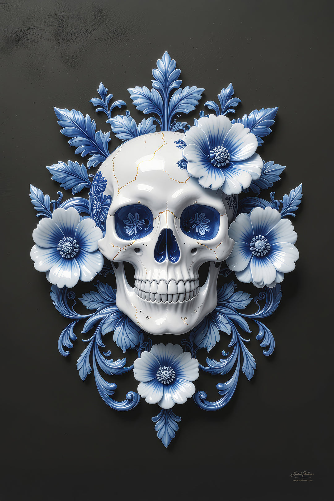 Foto van porseleinen schedel ornament met blauwe bloemen – Skullbloom