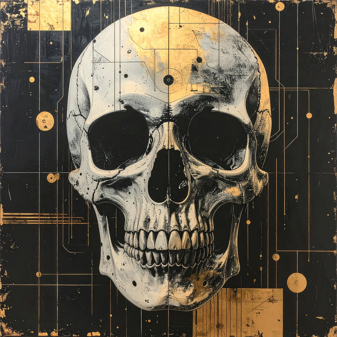 After the Bloom IV schedelkunst met grafische lijnen en goudaccenten op Silver Plated Mirror.