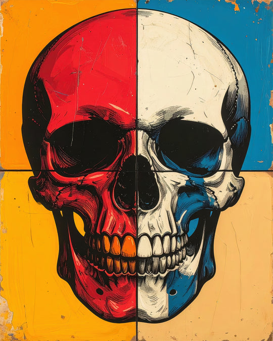 Skullkunstwerk met subtiele tweedeling en uitgebalanceerd popart kleurgebruik.