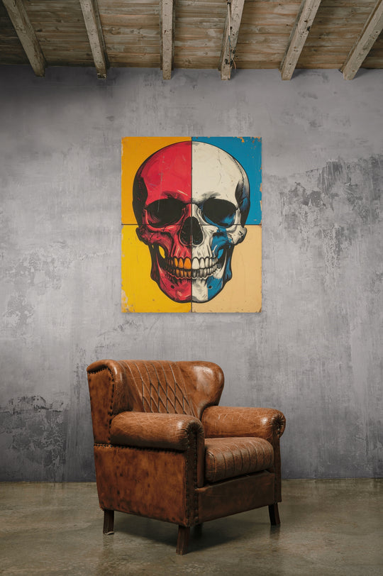 Mockup impressie van Divided VI, skull art in serene moderne interieursetting.