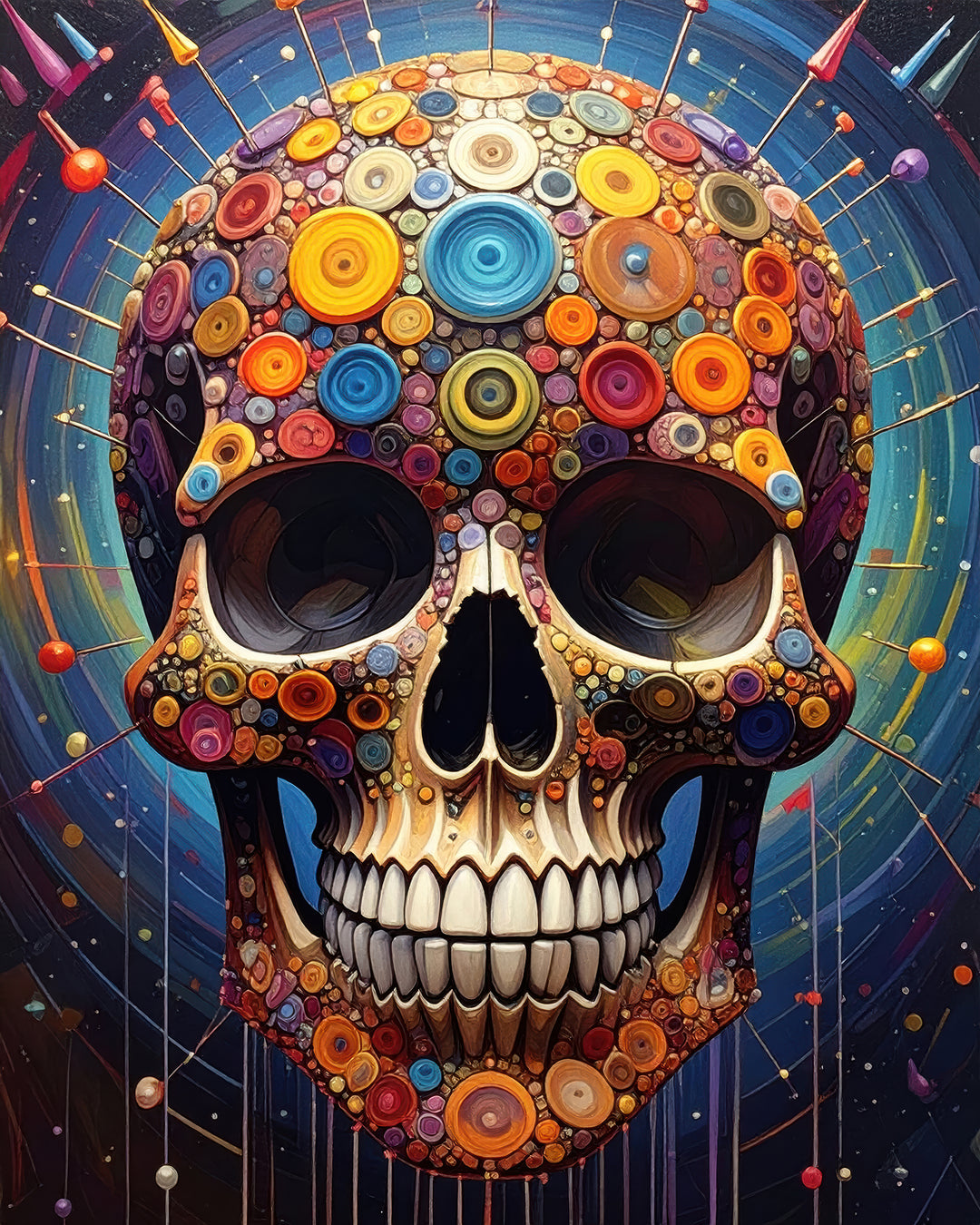 Expressief schedelkunstwerk met kleurrijke details en dynamische energie – Memento Vividum 2